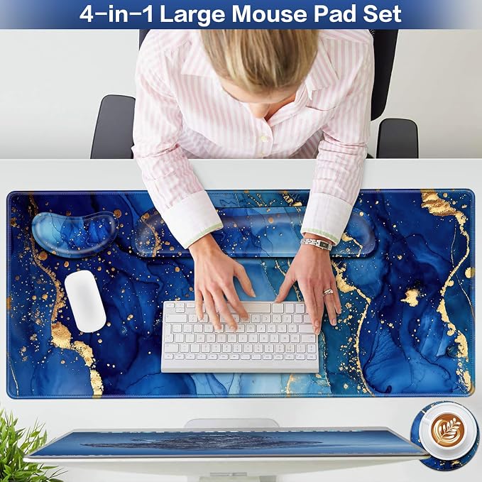 Desk Mat Blue, Large Gaming Mouse Pad with Wrist Rest, 4in1 XXL | Mousepad+Keyboard Wrist Rest+Mouse Pad Wrist Support+Cup Coaster Set Ergonomic Computer Desk Arm Wrist for Decor Office Women