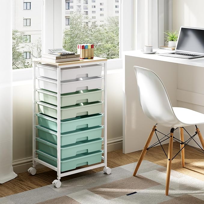 Storage Cart with 8 Drawers, Utility Cart with White Drawers and Wooden Tabletop, Craft Cart, Teacher Organization for Classroom, Storage Furniture, Office Organization, Green | Utility Cart on Wheels with Wooden Tabletop,Teacher Organization for Class...