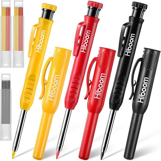 Hiboom 3 Pack Solid Carpenter Pencils with Pencil Cap and 21 Refills | Built-In Sharpener, Long Nose Deep Hole Marking, Protective Belt Caps, Mechanical Construction Pencil, Woodworking Tools