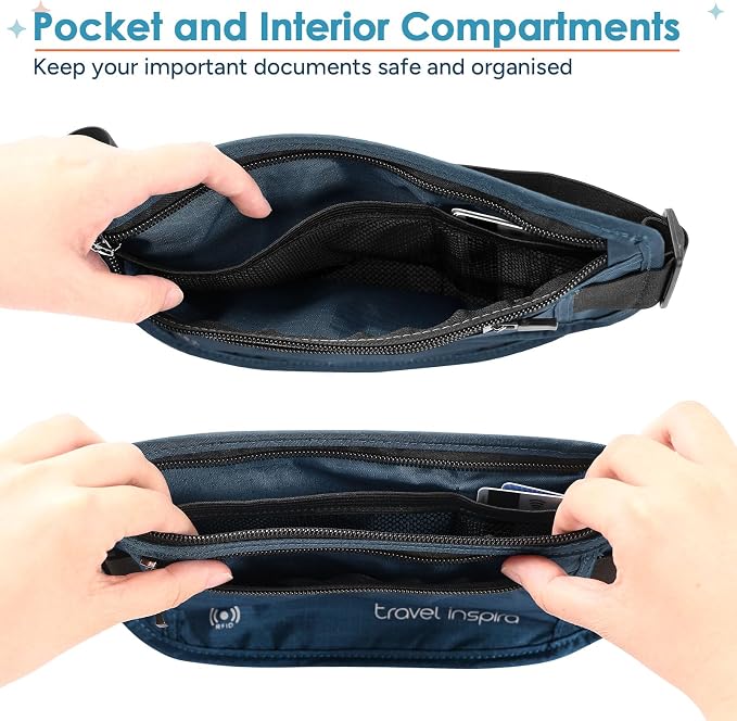 Travel Money Belt with Slim Anti-Theft RFID Passport Holder for Travel | Waist Pack Concealed under Clothes for Ultimate Protection of Credit Cards, Cash, Passport & Documents, Navy Blue