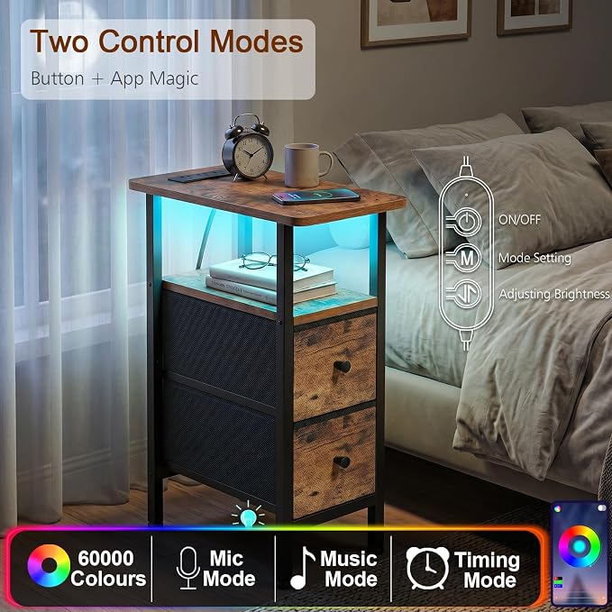 Narrow End Table with Charging Station, Small Nightstand | Skinny Side Tables Living Room with 2 Fabric Drawers, Bedside Table with LED Lights for Bedroom, Small Spaces, Rustic Brown