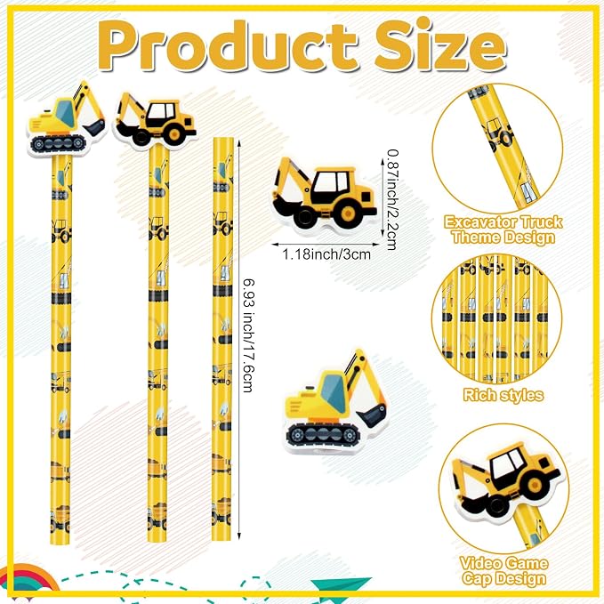 32 Pcs Construction Pencil with Eraser Excavator Truck Construction Party Favors Stationery Supplies for School Classroom Exchange Gift Reward Prizes Theme Birthday Party Supplies