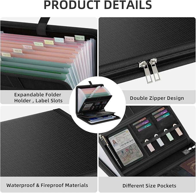 Fireproof Accordion File Organizer, Expanding File Folder with 13 Pockets | Portable Document Organizer with Waterproof Zipper & Labels, File Organizer for Important Document/Paper Storage, Black