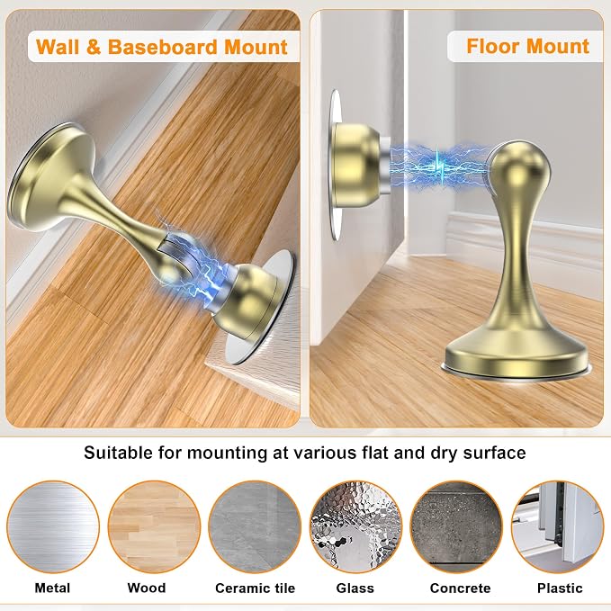 Crosize Magnetic Door Stoppers 2 Pack, Stainless Steel Door Stops for Wall and Floor Mounting, Gate Stops, No Drilling Metal Doorstops with Adhesive Tapes, Gold