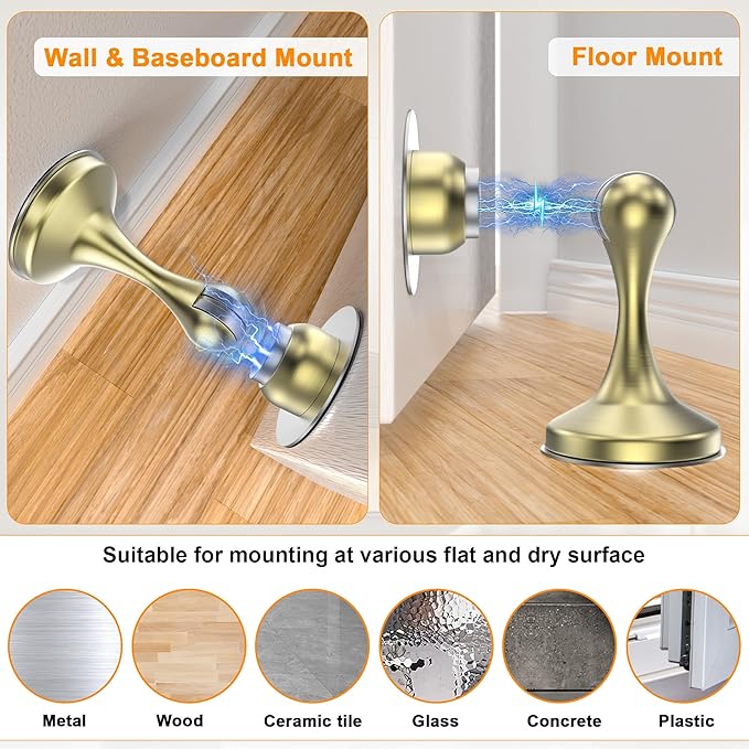 Crosize Magnetic Door Stoppers 6 Pack, Stainless Steel Door Stops for Wall and Floor Mounting, Gate Stops, No Drilling Metal Doorstops with Adhesive Tapes, Gold