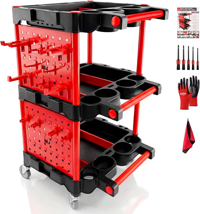 Auto Detailing Cart with Wheels, 3 Tier Rolling Detail Cart | With Long Hanging Plate, Hooks, Brush, Towel and Gloves, for Detailers Garage, Workshop, Repair Shop, Storage Tool