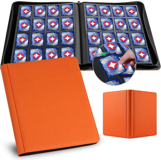 GEAoffice 16 Pocket Trading Card Binder for 1000+ Cards, Ringless Side-Loading 4x4 Card Binder with Zipper Closure, PU Leather 1024 Card Binder for MTG/TCG/Baseball/Sports&Game Cards, Orange