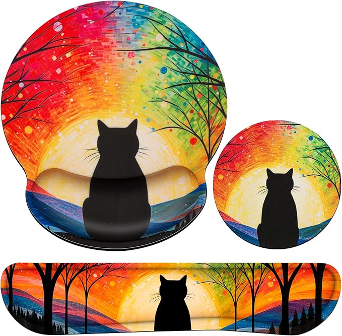 3-in-1 Mouse Pad with Wrist Rest Cute Black Cat Set | Wrist Support Mouse Pad Set,Gaming Mousepad with Anti-Skid Base,Ergonomic Mouse Pad,Memory Foam Keyboard Gel Wrist Rest Anime