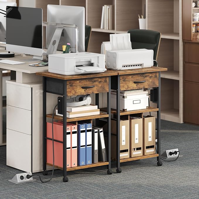 Rolling File Cabinet, Printer Stand with Dividers and Charging Station, Mobile File Cart with Fabric Storage Drawer and Lockable Wheels for Home Office, Fits Letter/Legal/Files