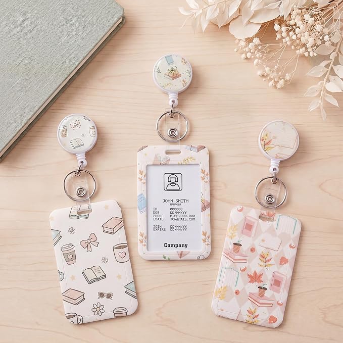 3 Set Badge Holder Retractable Reel Book Pattern ID Badge Holders with Clip Cute Name Badge Holders for Teacher Nurse Doctor Student Office Workers