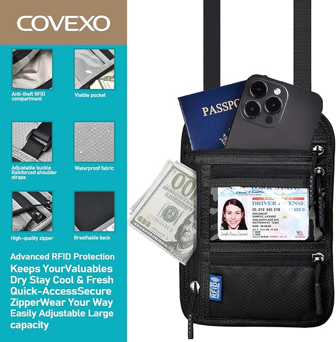 Neck Wallet for Travel, RFID Blocking Passport Holder - Slim Travel Pouch with Adjustable Strap | Holds Phone, Cards, Cash, Documents | Water-Resistant & Secure for Men & Women