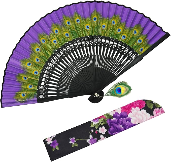 EOSAU Hand Fans for Women Foldable - Bamboo Silk Folding Fan Handheld, Fans for Line Dancing Wedding, Portable Bridal Party Favor, Elegant Church Performance Gift (Peacock Purple)