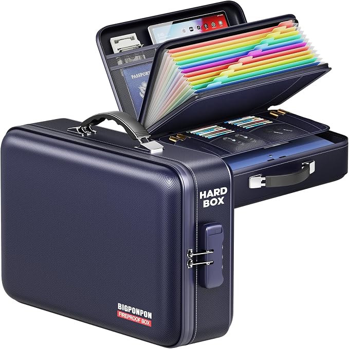 Fireproof Document Box, Hard Case Highly Flame-Resistant Fire Proof Waterproof File Organizer with Lock, Portable Fire Safe for Important Documents & Valuables Storage (Blue, ‎16"*12"*5")