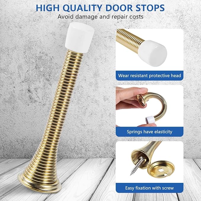 KISEER 24 Pack Spring Door Stops 3 1/4 Inch Flexible Heavy Duty Spring Door Stopper with RustProof Screw Rubber Bumper Tips (Gold)