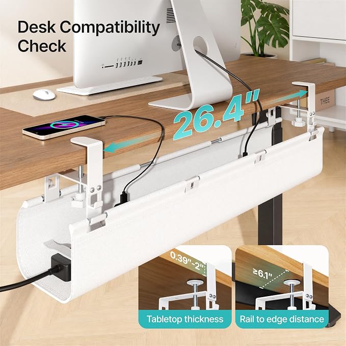 PEGZONE No Drill Under Desk Cable Management Tray, 31.5" Fabric Organizer | Clamp/Screw Premium Mount Cord Holder, for Power Strips, Adapters, with 2 Hooks & 1 Tie Roll for Home Office Gaming, White