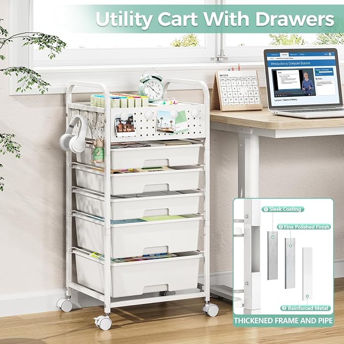 5 Drawer Rolling Storage Cart with Pegboard Top and Hooks, White | Mobile Utility Organizer with Wheels for Office Supplies, Craft Storage, Classroom Organization, Home Storage Cart