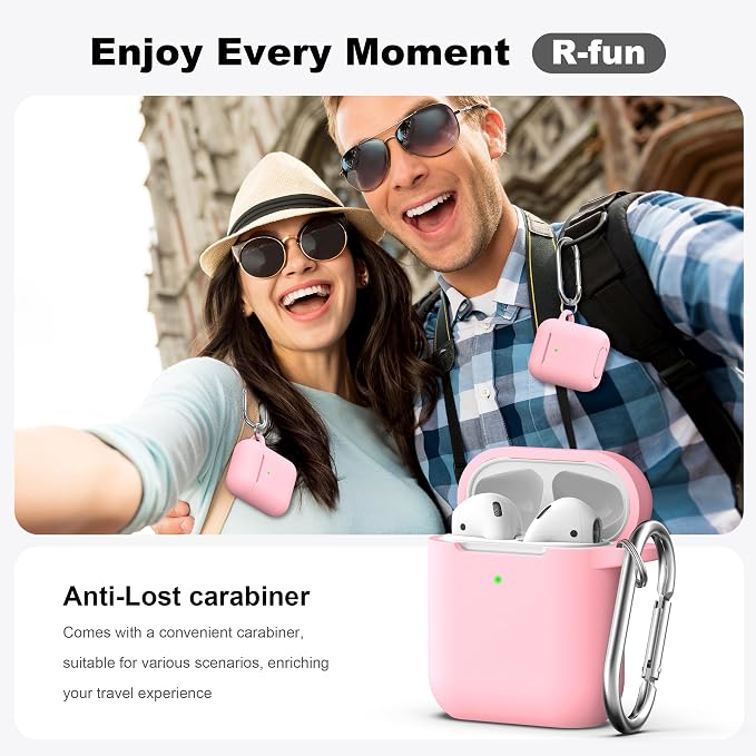 R-fun for AirPods 1/2 Case, Soft Silicone Protective Cover with Keychain and Cleaning Pen, Compatible with AirPods 2nd/1st Generation (2016/2019), Full Drop Protection Cover, Pink