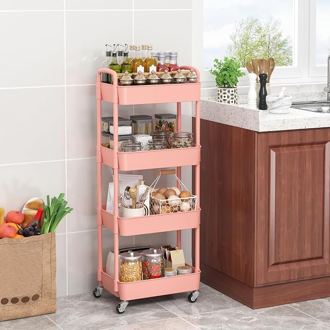 Sywhitta 4-Tier Plastic Rolling Utility Cart with Handle, Multi-Functional Storage Trolley for Office, Living Room, Kitchen, Movable Storage Organizer with Wheels, Pink | Multi-Functional Storage Trolley, for Office, Living Room, Kitchen, Bathroom,Mova...