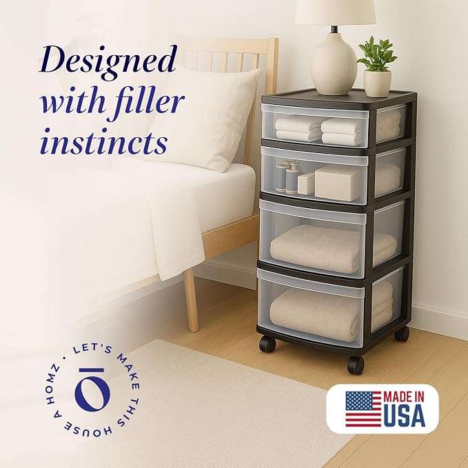 HOMZ Drawer Tower, 4-Tier Storage Cart with Removable Wheels, Black Frame | Plastic Organizer with Clear Bin Drawers for Bedroom, Bathroom, Home Office, and Dorm Rooms