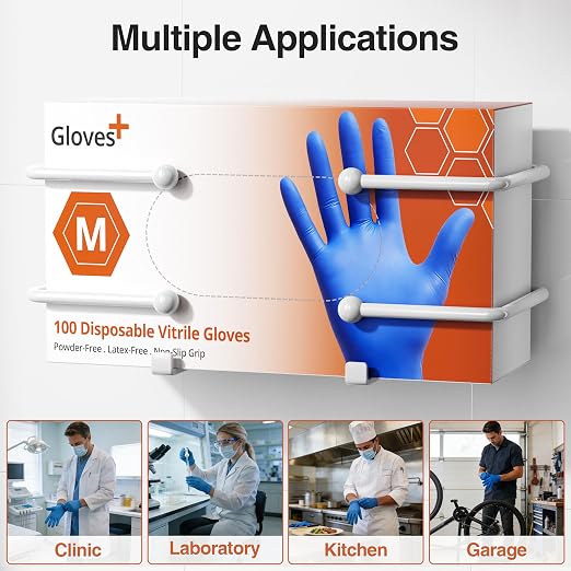 Adhesive Glove Box Holder Wall Mount, Metal Gloves Dispenser, White | For Latex & Nitrile Boxes, No-Drill Tissue & Wipes Organizer for Lab, Kitchen, Bathroom
