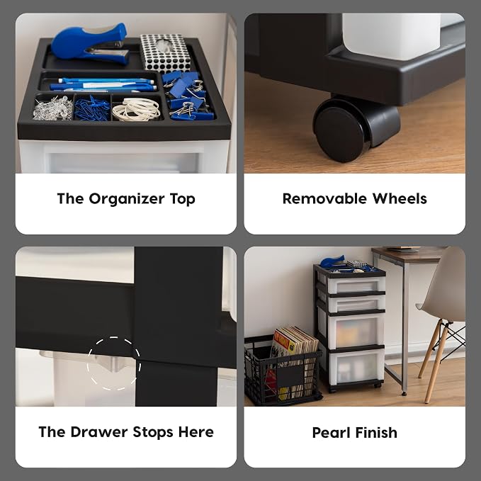 IRIS USA 4-Drawer Rolling Storage Cart with Organizer Top, Black/Pearl | Keep classroom supplies, teacher essentials, craft materials, and learning tools organized with easy-access drawers.