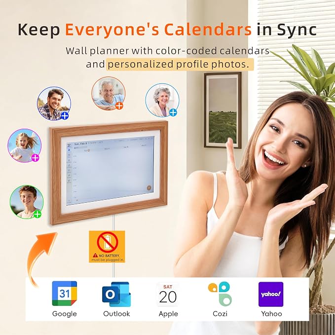 Smart Digital Calendar 10.1 Inch Touch Screen Family Organizer with Photo Frame, Wood Frame, Chore Chart and Meal Planner No Subscription