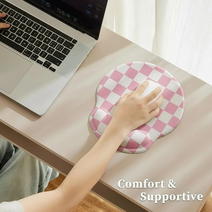 Ohocut Pink Checkered Mouse Pad with Gel Wrist Rest, Wrist Support, Ergonomic Desk Accessories for Girls Women, Office Laptop Gaming Decor, Cute Aesthetic Trendy Check Design