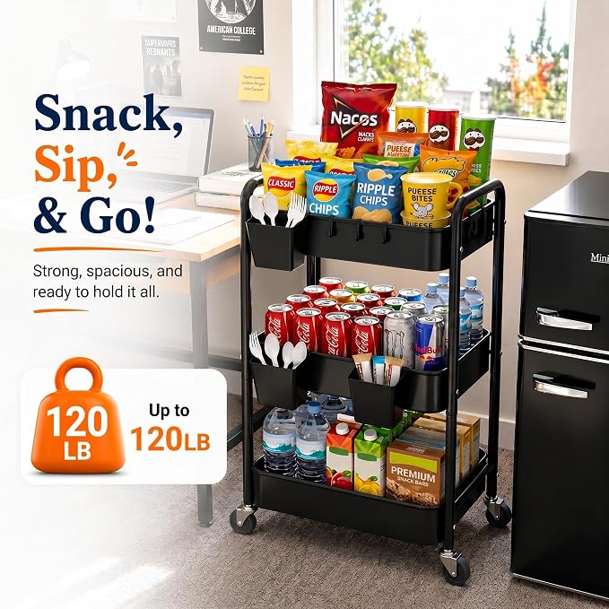 3 Tier Rolling Cart Metal with Wheels, Black Three Tiered Art Cart Organizer on Wheels, Storage Utility Trolley Carts for Kithcen, Craft, Nail, Lash, Makeup, Salon,Bedside, Bathroom, Office, Snack