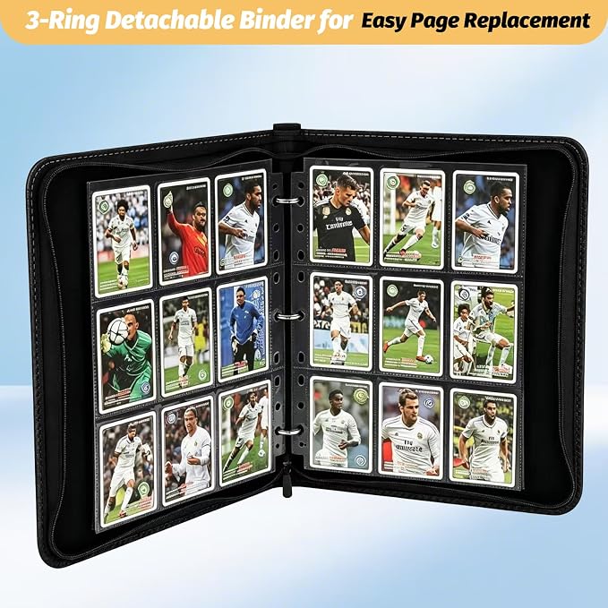 GERMUN 3 Ring 9 Pocket Zipper Card Binder, 720 Double Sided Standard PU Trading Card Album Folder for TCG & Sports Cards, Not Fit Top Loaders (Blue1)