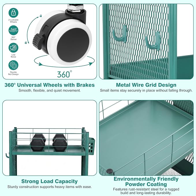 3 Tier Rolling Storage Cart Metal Utility Cart with Wheels | Office Organizer with Hooks & Hanging Cups, Mobile Shelving Unit for Kitchen Nursery Craft Snack Book