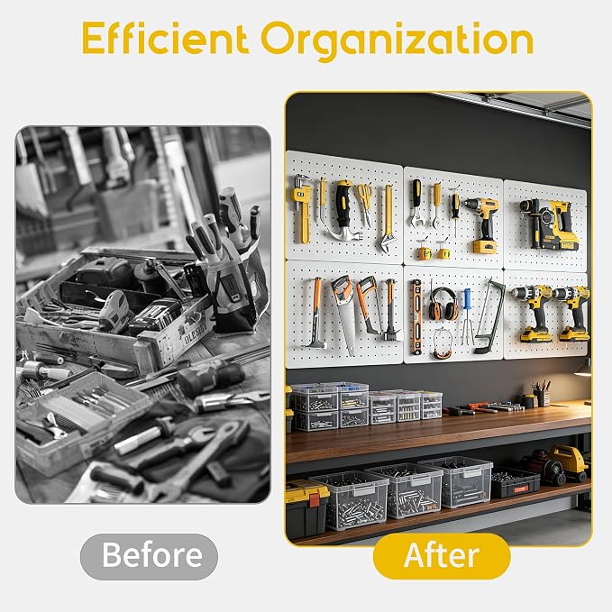 Steel Pegboard Tool Wall Organizer, 6 Pack 14.76 x 10.82 in, 6 Bins, White | 6 clear storage bins organize screws and small parts; 36 hooks and 30 peg locks keep garage tools sorted and easy to reach.