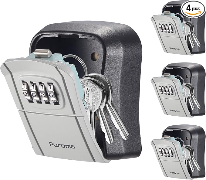 Puroma 4 Key Lock Box Combo Wall-Mounted Storage Safe Lockbox Home Office | Outside, Portable, Wall Mount, Resettable, Combination, Weatherproof, High-capacity, Hold 5 Keys, Contractor Guest Realtor