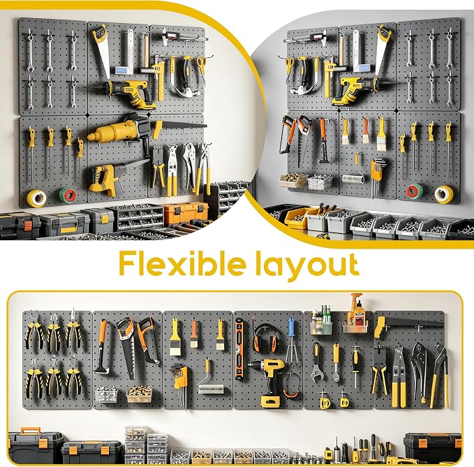 Steel Pegboard Tool Wall Organizer, 6 Pack 14.76 x 10.82 in, 6 Bins, Gray | 6 clear storage bins organize screws and small parts; 36 hooks and 30 peg locks keep garage tools sorted and easy to reach.