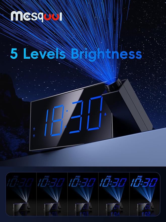 Mesqool Projection Alarm Clock with Bed Shaker, Dual Alarms, 180° Projector, 5-Level Dimmer, USB Phone Charger, Battery Backup, Loud Vibrating Alarm Clock for Heavy Sleepers, Snooze, DST