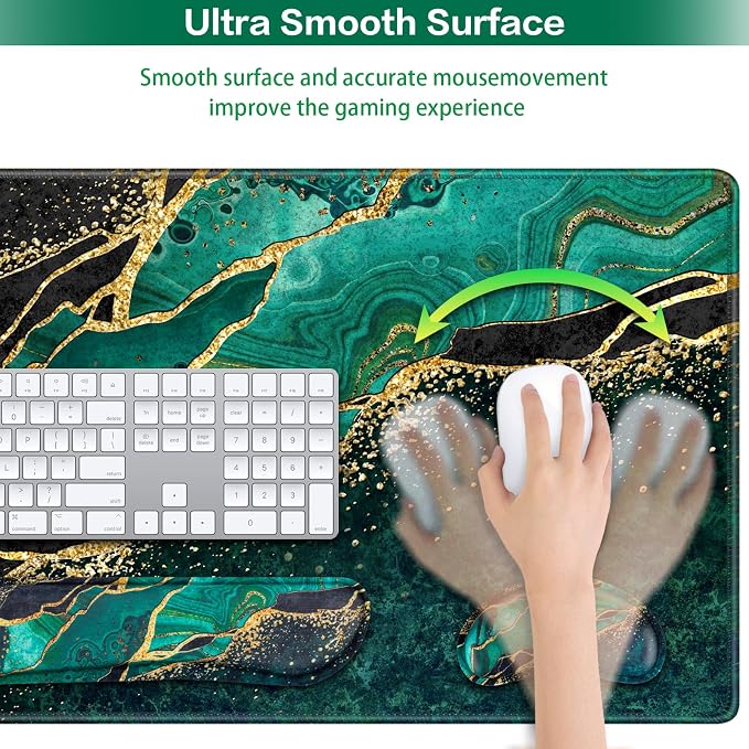 Mouse Pad Green, Desk Mat, Large Gaming Mouse Pad with Wrist Rest 4in1 XXL | Mousepad Keyboard Wrist Rest+Mouse Pad Wrist Support+Cup Coaster Set Ergonomic Computer Desk Pad for Decor Office