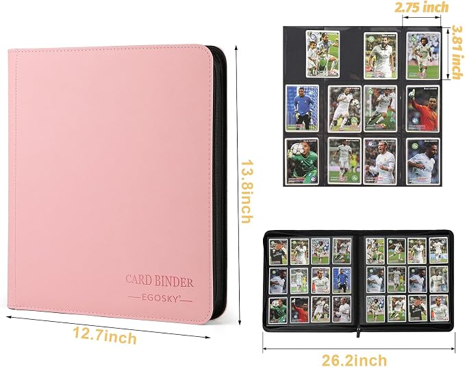12-Pocket Business Card Binder holds 720 Cards, Premium Diamond Texture PU Leather Name Card Holder Organizer with Zipper, Black Sleeves Side Loading Card Book for Collectors & Office(pink)