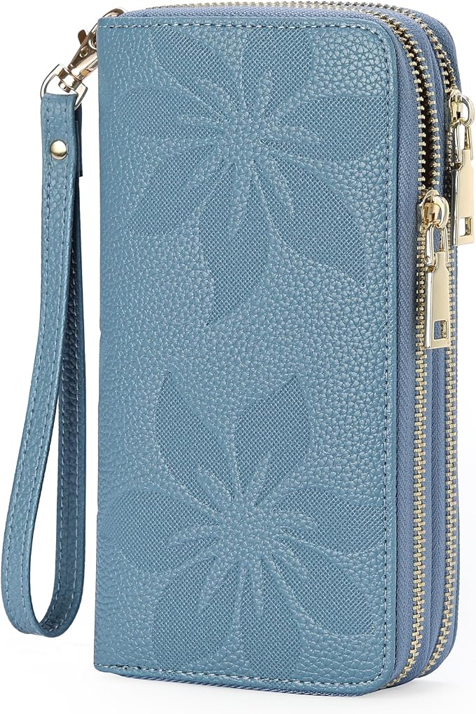 GOIACII Women's Wallet Large Capacity Double Zip Ladies Card Phone Holder RFID Blocking Wristlet Leather
