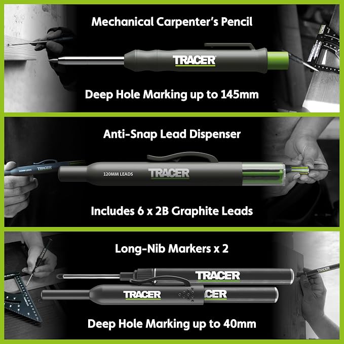 Tracer Complete Deep Hole Marking Kit - Includes Double-Tipped Long Head Deep Hole Permanent Marker and Deep Hole Construction Pencil with 6 Replacement Lead Dispenser Site Holster | Deep hole construction pencil, double-tipped permanent marker, 6 repl...