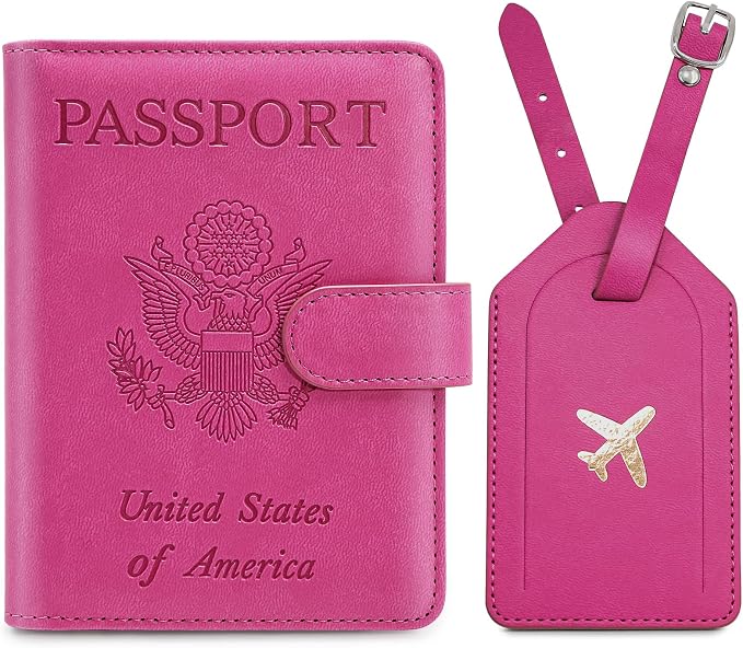 Passport Holder For Travel with Luggage Tag Cover – RFID Blocking Travel Passport Wallet Holder for Women/Family| PU Leather Passport Case with Extra Money Pocket/Magnetic Clasp, Pink