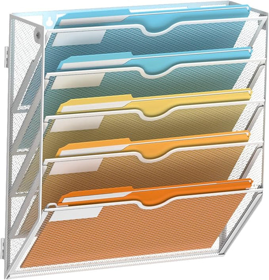 5 Tier Wall File Organizer, Hanging Wall Mounted Mail Organizer with Label Slots, Metal Mesh File Holder Magazine Rack for Office, Home, School or Classroom, White