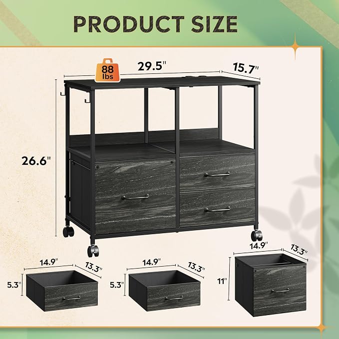 DEVAISE 3 Drawer Mobile File Cabinet with Storage Shelf, Charging Station | Fabric Lateral Filing Cabinet fits A4 or Letter Size, Adjustable Shelf for Home Office, Charcoal Black Wood Grain Print