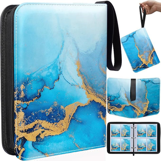 Card Binder 4 Pocket, 400 Pockets Card Holder Compatible with Game Cards Gift for Girls, Trading Card Binder Album Case Book Storage For Photocards, Small,Marble Blue