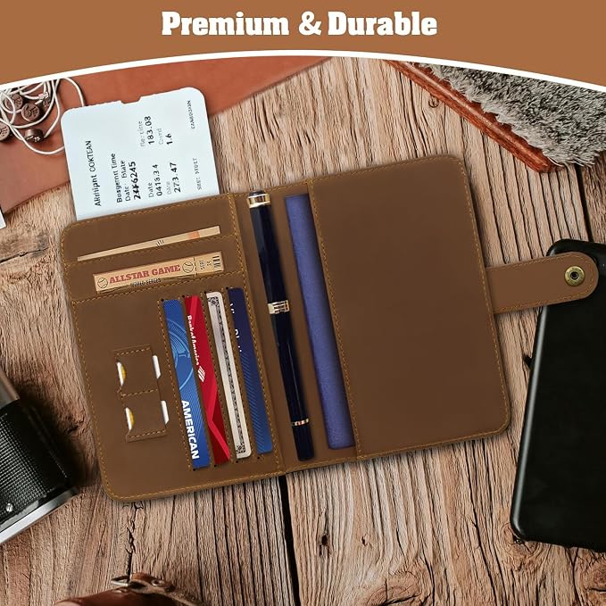 Jack&Chris Genuine Leather Handmade Passport Holder For Travel, RFID Blocking Passport Holder with Card Slots, Travel Essentials wallet with Pen Holder for Women and Men for Gifting, Brown