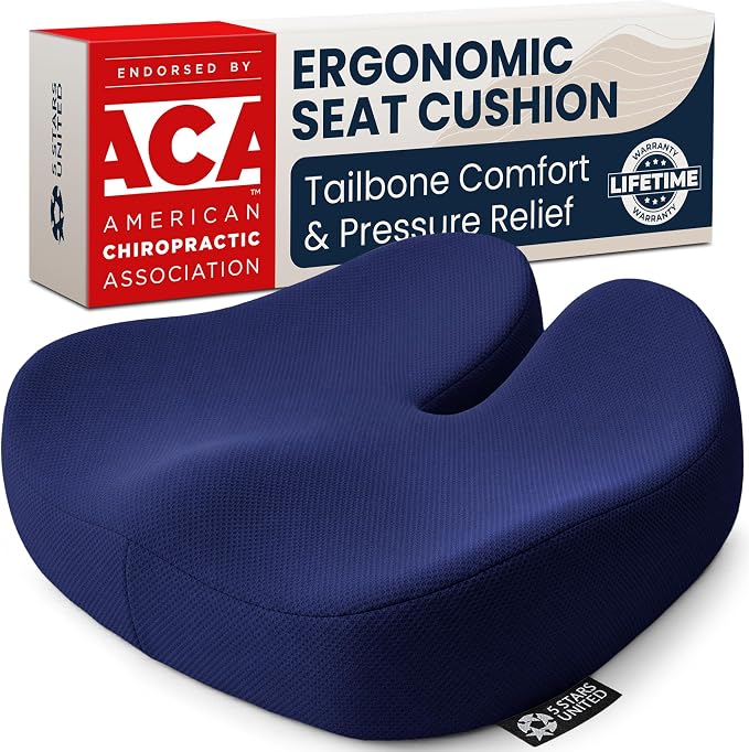 5 STARS UNITED Seat Cushion - Memory Foam Chair Cushion for Tailbone Pain Relief - Ergonomic Support for Coccyx, Sciatica & Butt - Office, Desk & Gaming Chair, Car Seat, Wheelchair, Blue Mesh