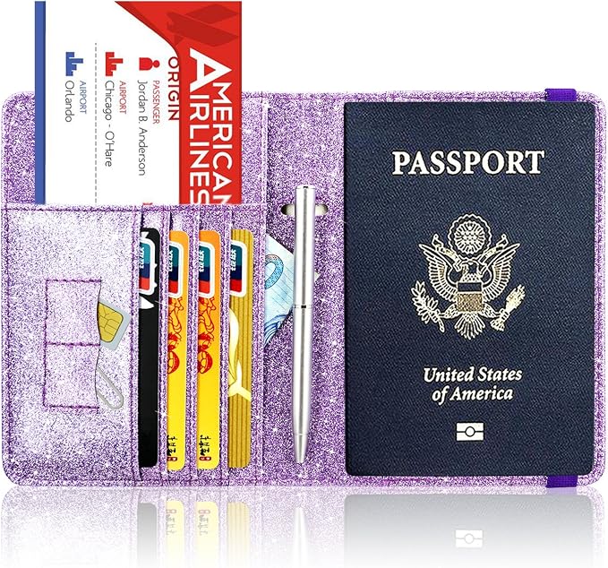 ACdream Passport Holder Cover, Leather Travel Wallet Case, RFID Blocking Document Organizer Protecrtor, with Slots for Credit Cards, Boarding Pass, for Women and Men, Glitter Purple