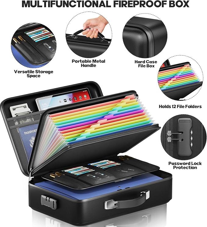 Fireproof Document Box, Hard Case Highly Flame-Resistant Fire Proof Waterproof File Organizer with Lock, Portable Fire Safe for Important Documents & Valuables Storage (Black, ‎16"*12"*5")