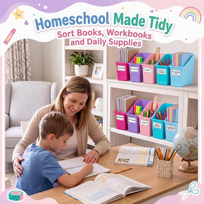 Blosssound 6 Set Book Bins for Classroom with Label Sticker Book Box Baskets Plastic Stackable Organizing Bins Storage & Organization for Classroom Library Home School Supplies (Purple Pastel)