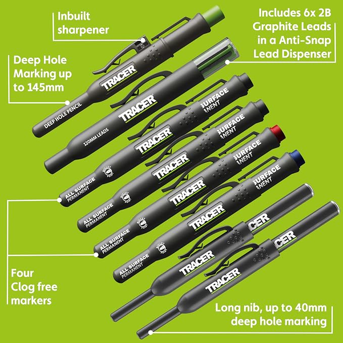 Tracer 8 Piece Construction Marker Kit - Carpenter Pencil Set | Deep hole marking pen, clog-free construction markers, 2.8mm leads, magnetic storage case