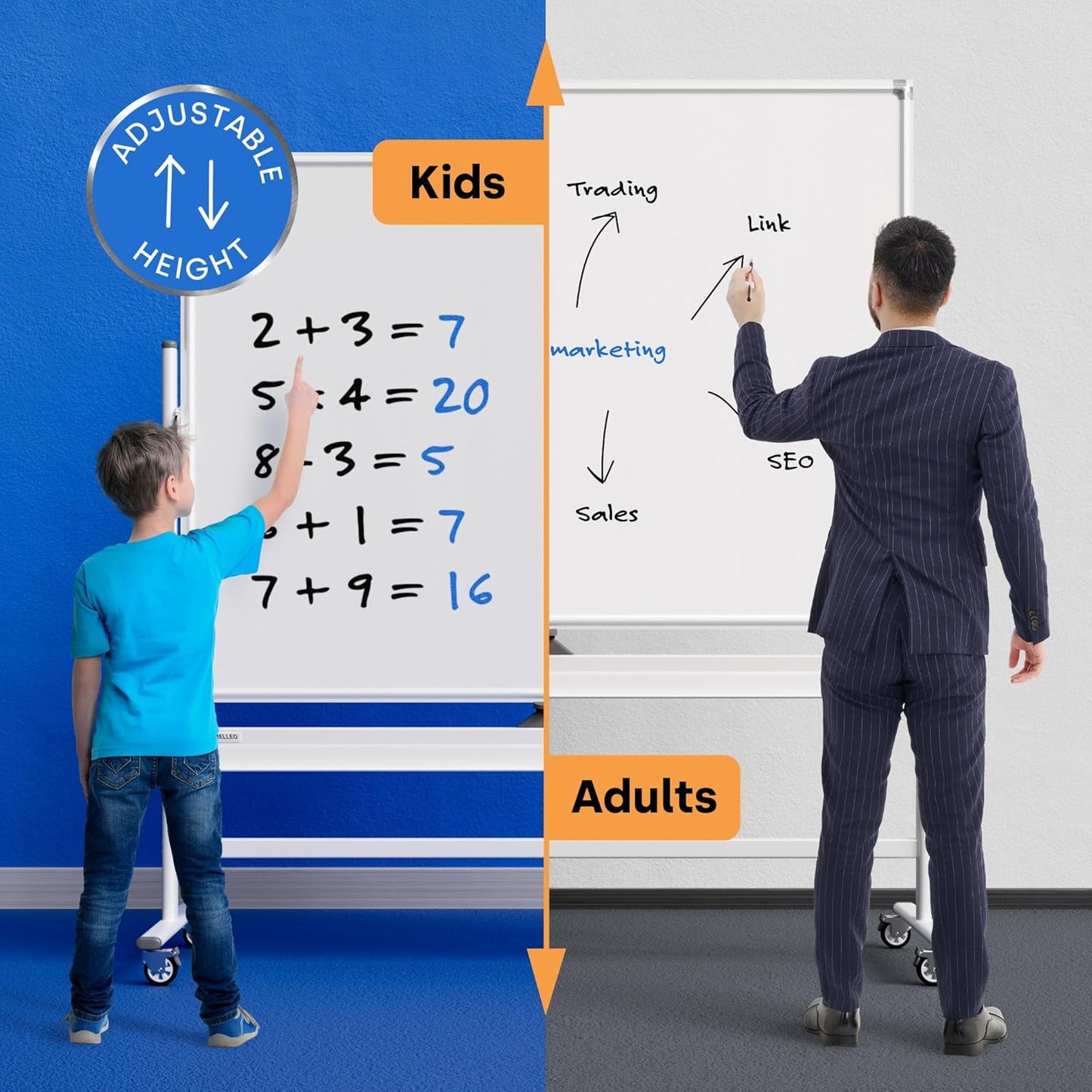 Rolling Dry Erase Board 60 x 46 - Large Portable Magnetic Whiteboard with Stand - Double Sided Easel Style Whiteboard with Wheels - Mobile Standing White Board for Office, Classroom & Home