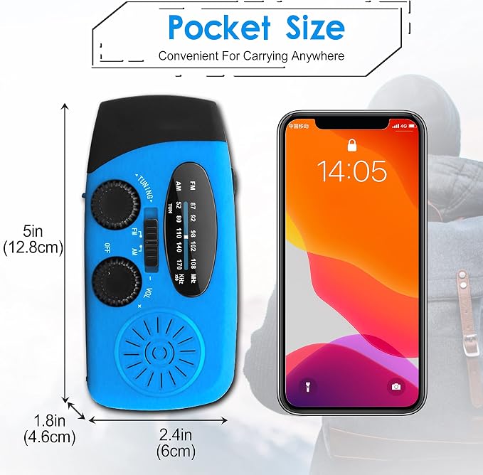 Emergency Hand Crank Radio with LED Flashlight for Emergency, AM/FM Portable Weather Radio with 2000mAh Power Bank Phone Charger, USB Charged & Solar Power for Camping, Emergency(Blue)